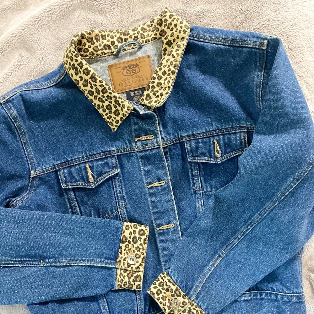 Vintage Route 66 leopard trim denim jacket